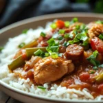 Close-up of slow cooker chicken gumbo with vibrant vegetables and rich sauce