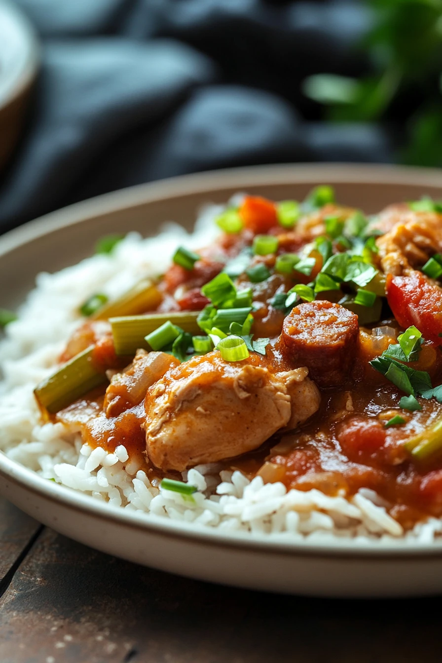 Close-up of slow cooker chicken gumbo with vibrant vegetables and rich sauce