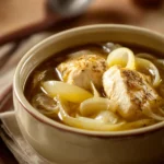 Close-up of creamy chicken onion soup with herbs in a slow cooker