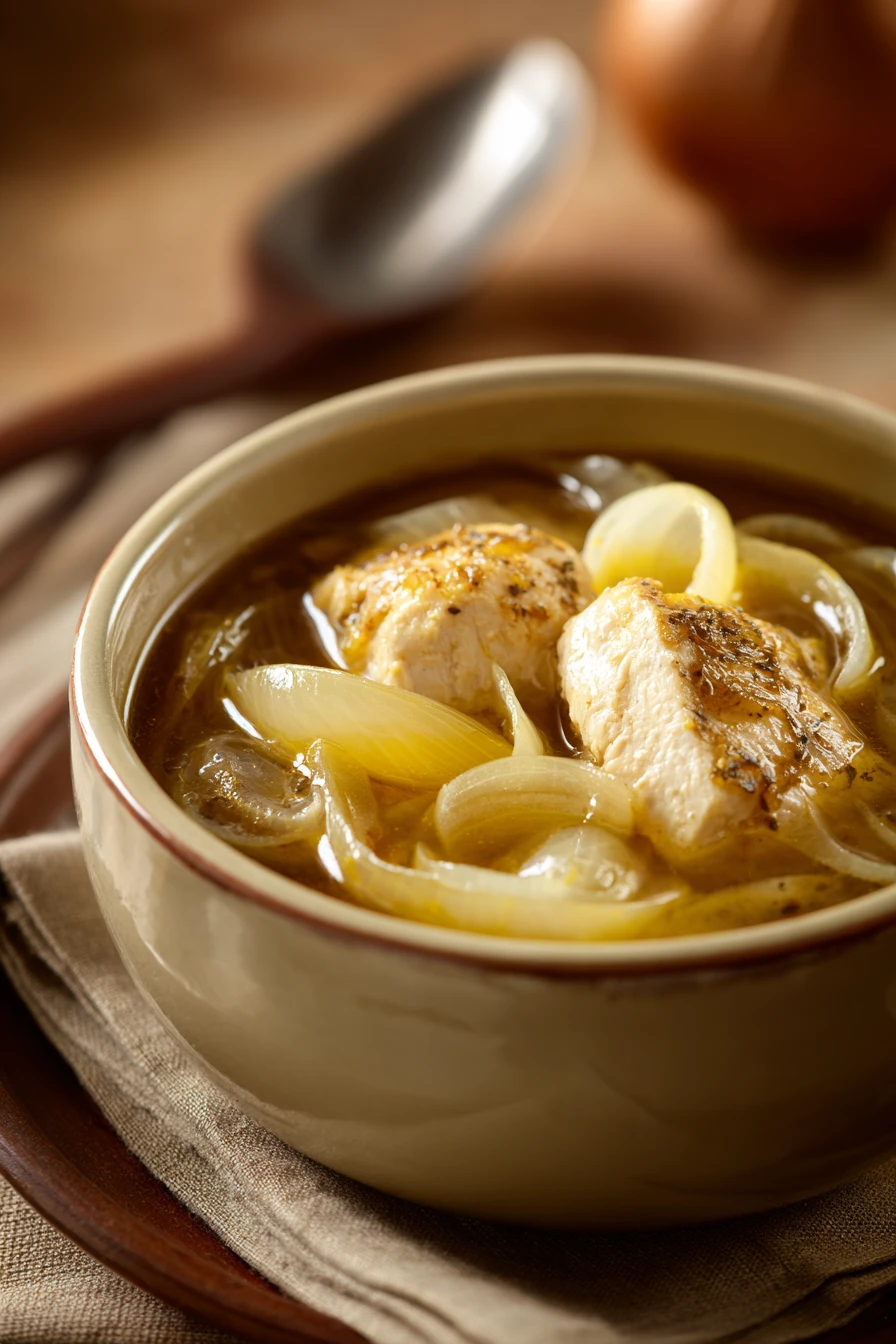 Close-up of creamy chicken onion soup with herbs in a slow cooker