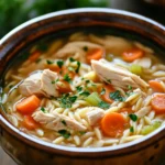 Close-up of a creamy chicken orzo soup in a crockpot with herbs on top.