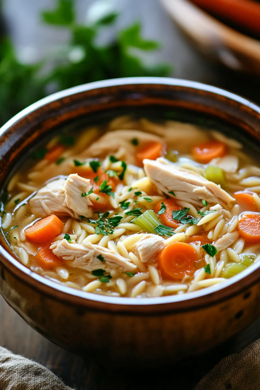Close-up of a creamy chicken orzo soup in a crockpot with herbs on top.
