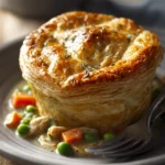 Close-up of a slow cooker chicken pie with creamy sauce and golden crust