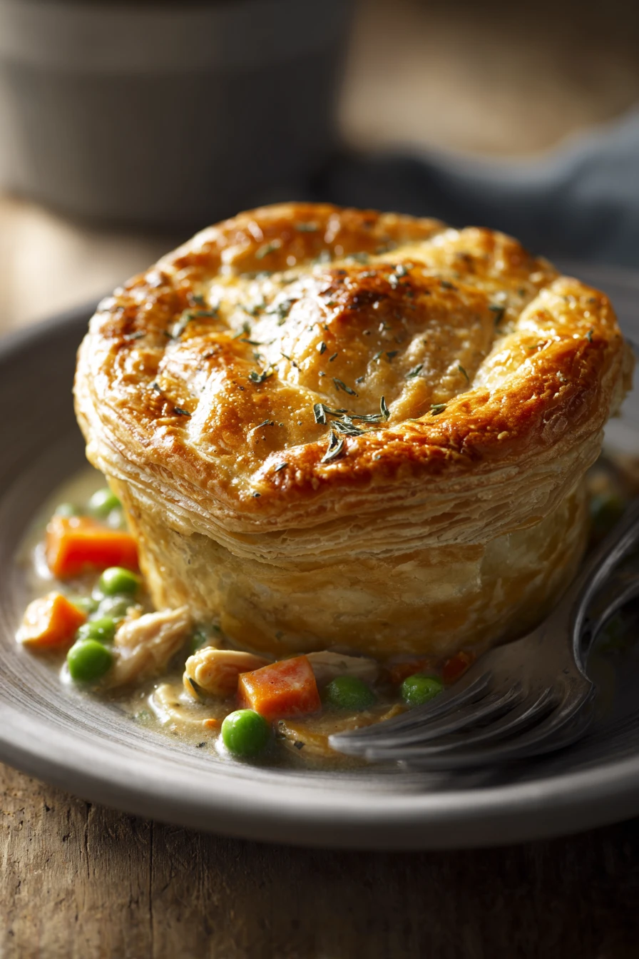 Close-up of a slow cooker chicken pie with creamy sauce and golden crust
