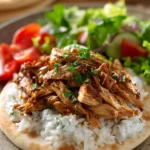 Close-up of slow cooker chicken shawarma with warm lighting and minimal background.
