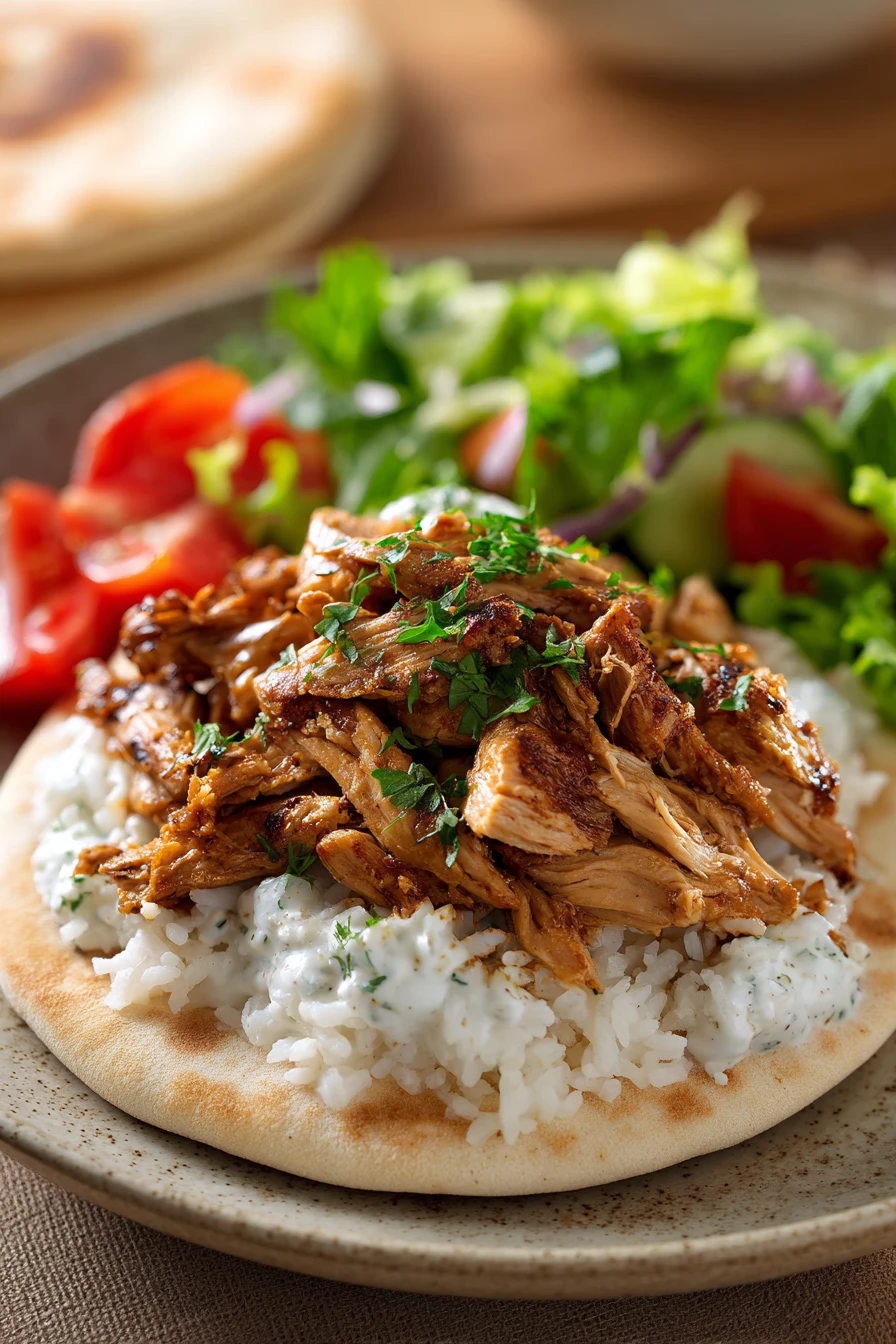 Close-up of slow cooker chicken shawarma with warm lighting and minimal background.