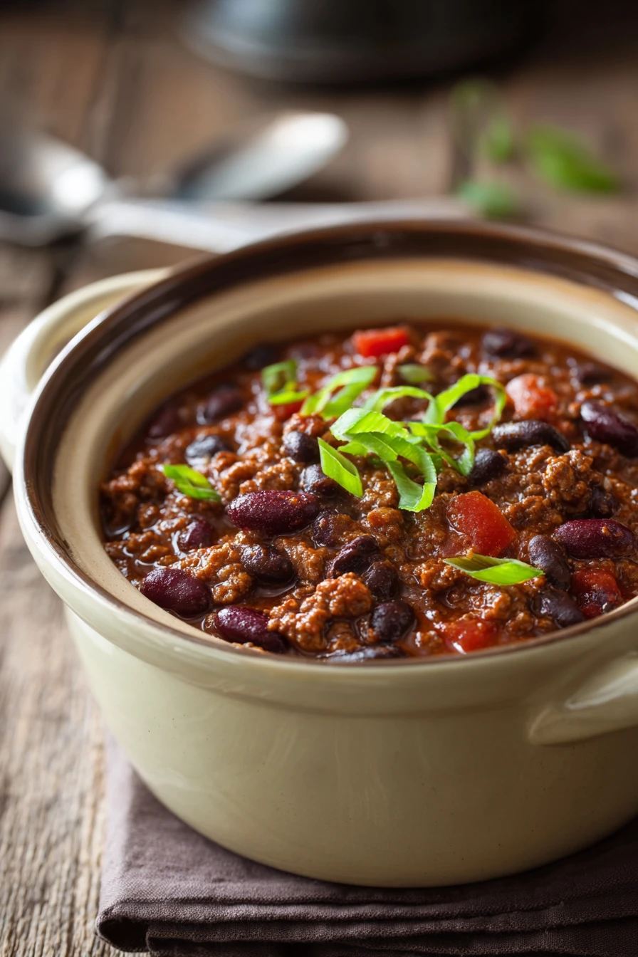 Close-up of a hearty slow cooker chili with beans and meat, garnished with herbs.