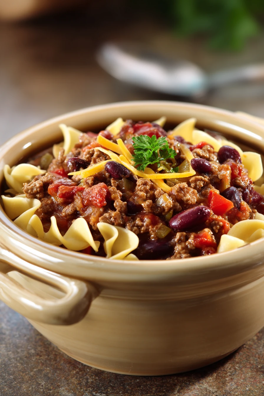 Close-up of slow cooker chili with noodles in a bowl, showcasing rich textures and hearty ingredients.
