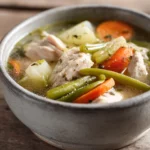 Close-up of a creamy slow cooker keto chicken soup with herbs in a white bowl