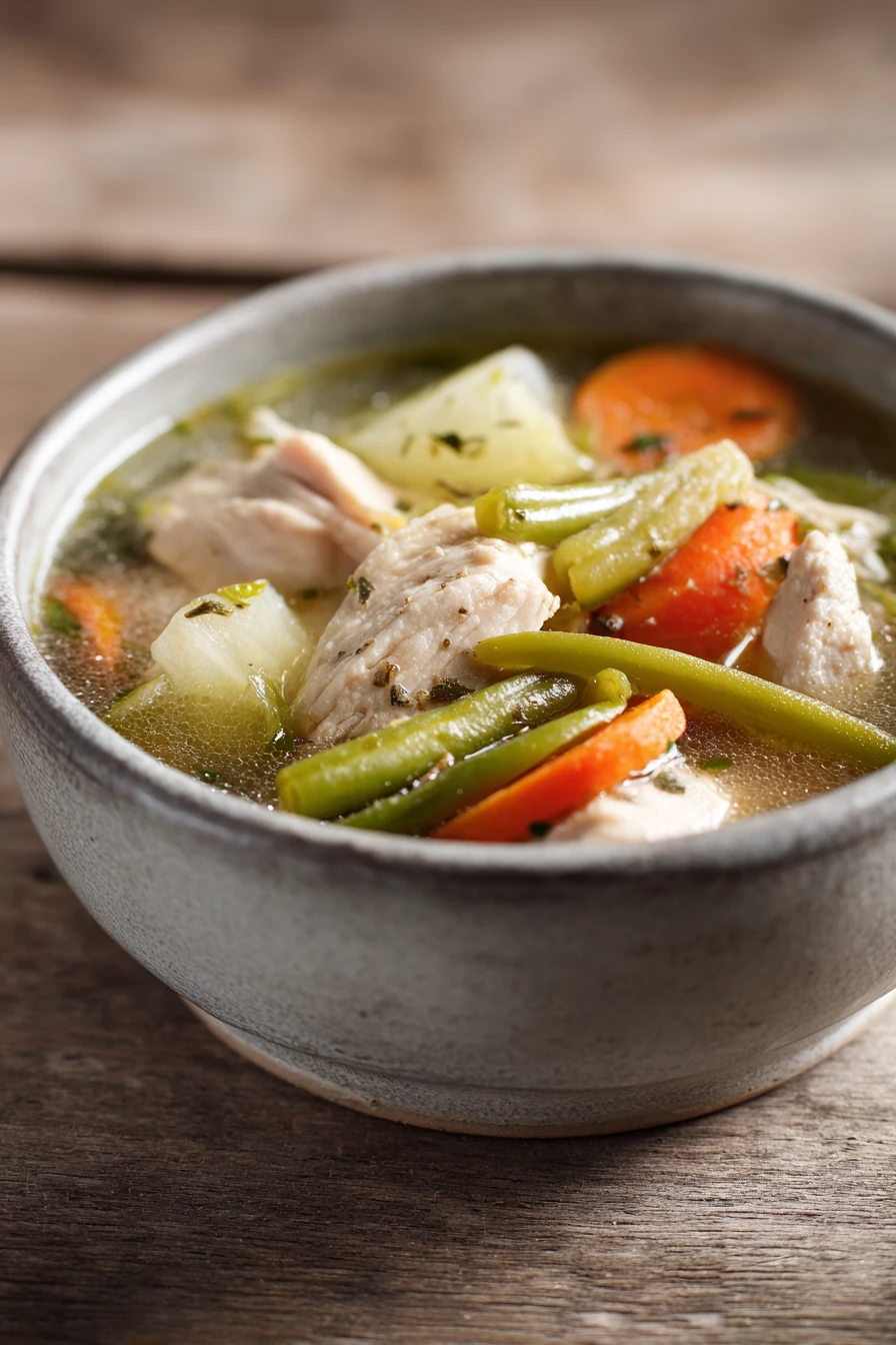 Close-up of a creamy slow cooker keto chicken soup with herbs in a white bowl