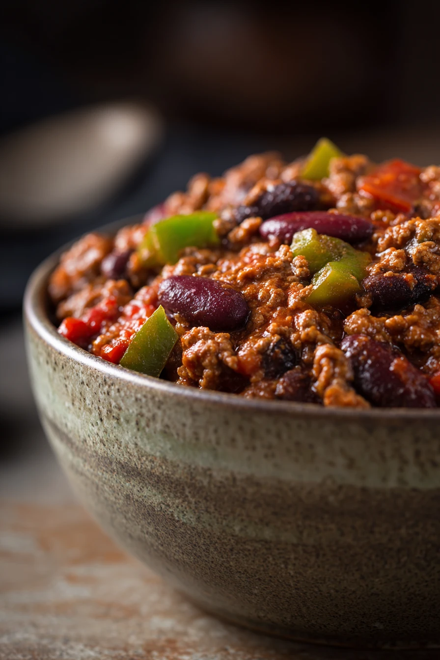 Close-up of slow cooker Texas beef chili with lean beef and green herbs