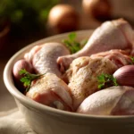 Close-up of a slow cooker whole cut up chicken with golden skin and herbs