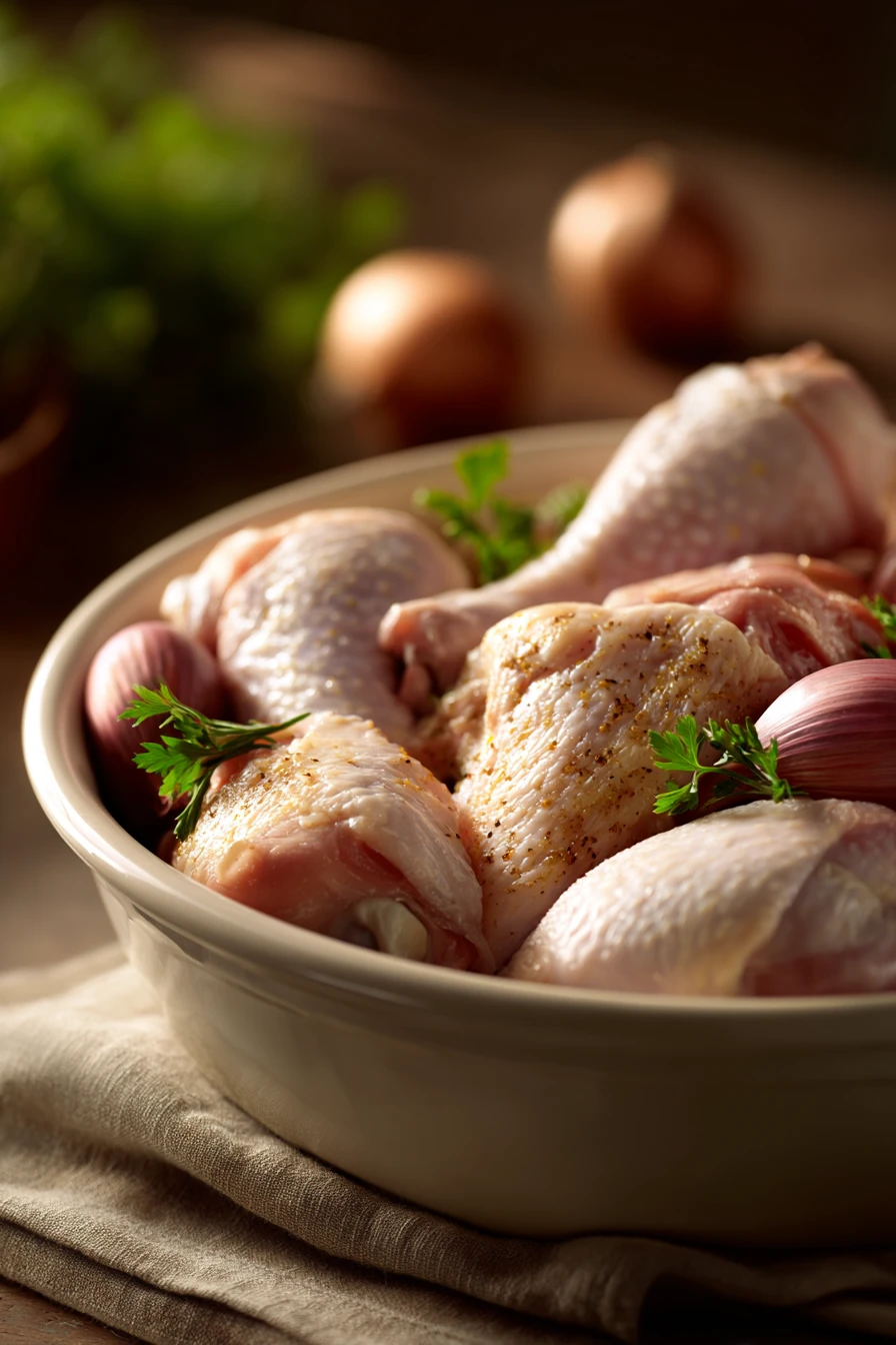 Close-up of a slow cooker whole cut up chicken with golden skin and herbs