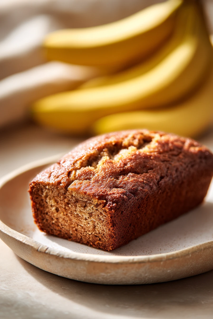 Close-up of Snickerdoodle Banana Bread with a golden crust and cinnamon sugar topping.