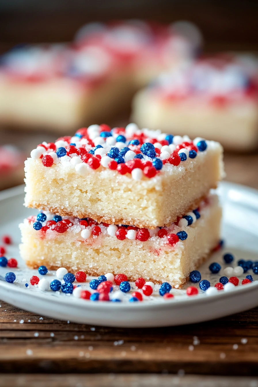 Close-up of sugar cookie bars with red, white, and blue sprinkles for 4th of July celebration.