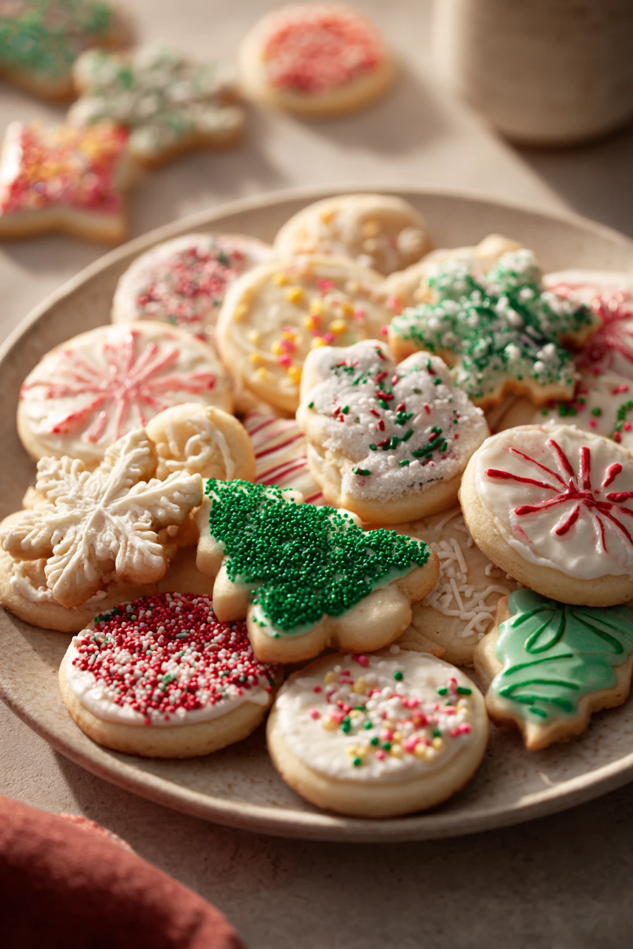 When the Kitchen Fills with Warmth: Sugar Cookie Decorating for Christmas 2 Close-up of beautifully decorated sugar cookies for Christmas with festive designs.
