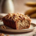 Close-up of banana bread with brown sugar streusel on a wooden board.