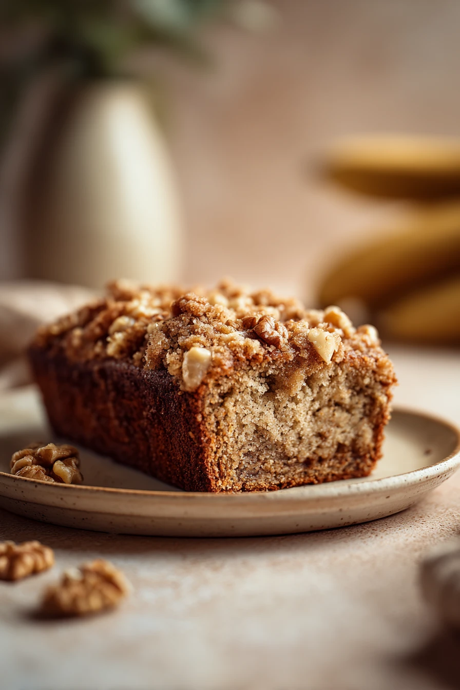Close-up of banana bread with brown sugar streusel on a wooden board.