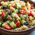 Close-up of a vibrant pasta salad with fresh vegetables, perfect for make-ahead meals.