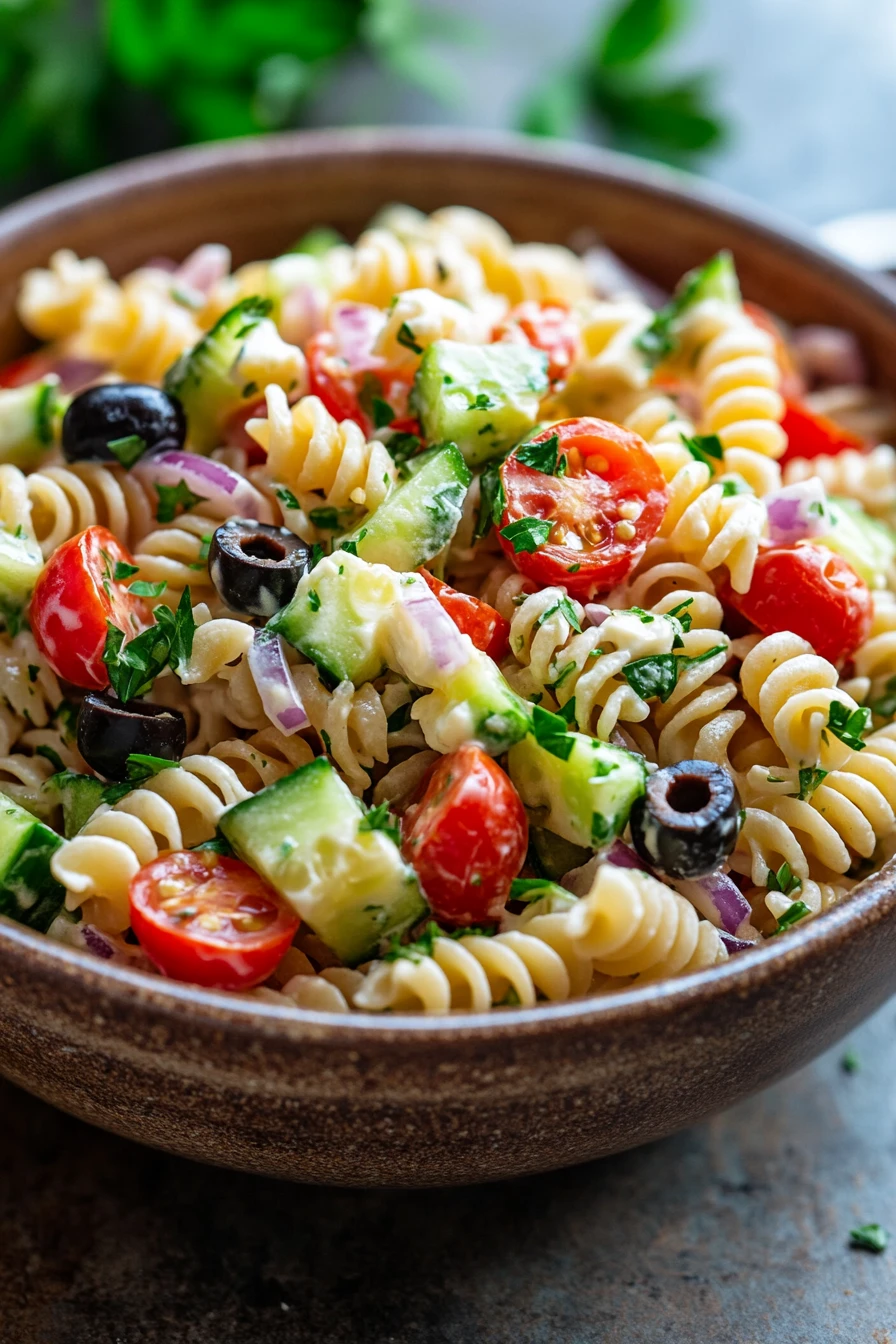 Close-up of a vibrant pasta salad with fresh vegetables, perfect for make-ahead meals.