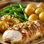 Close-up of turkey breast with side dishes in bright natural lighting