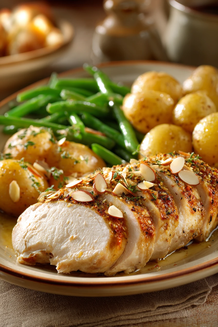 Close-up of turkey breast with side dishes in bright natural lighting