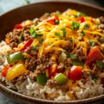 Close-up of a skillet with unstuffed peppers, ground beef, and vibrant vegetables.