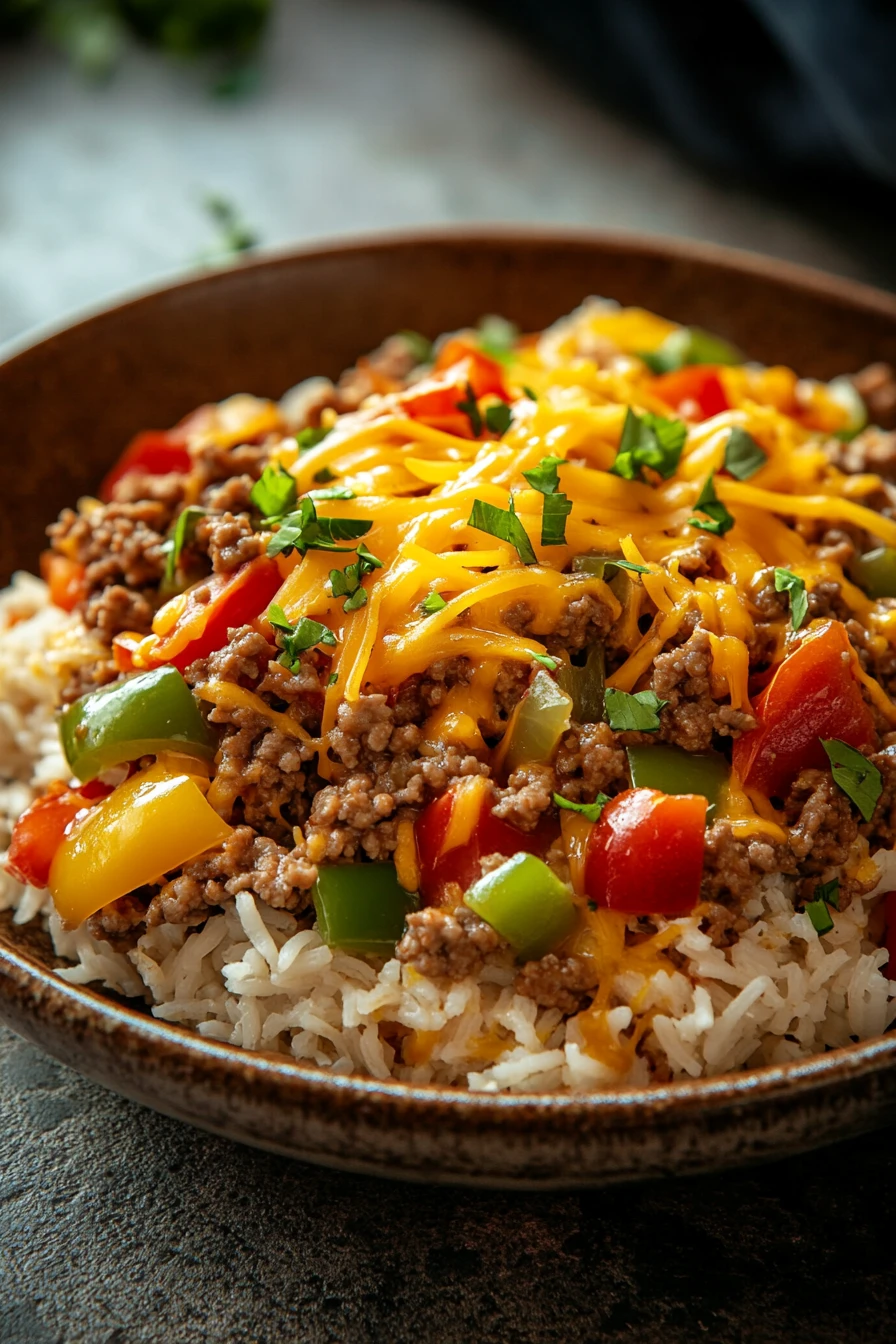 Close-up of a skillet with unstuffed peppers, ground beef, and vibrant vegetables.