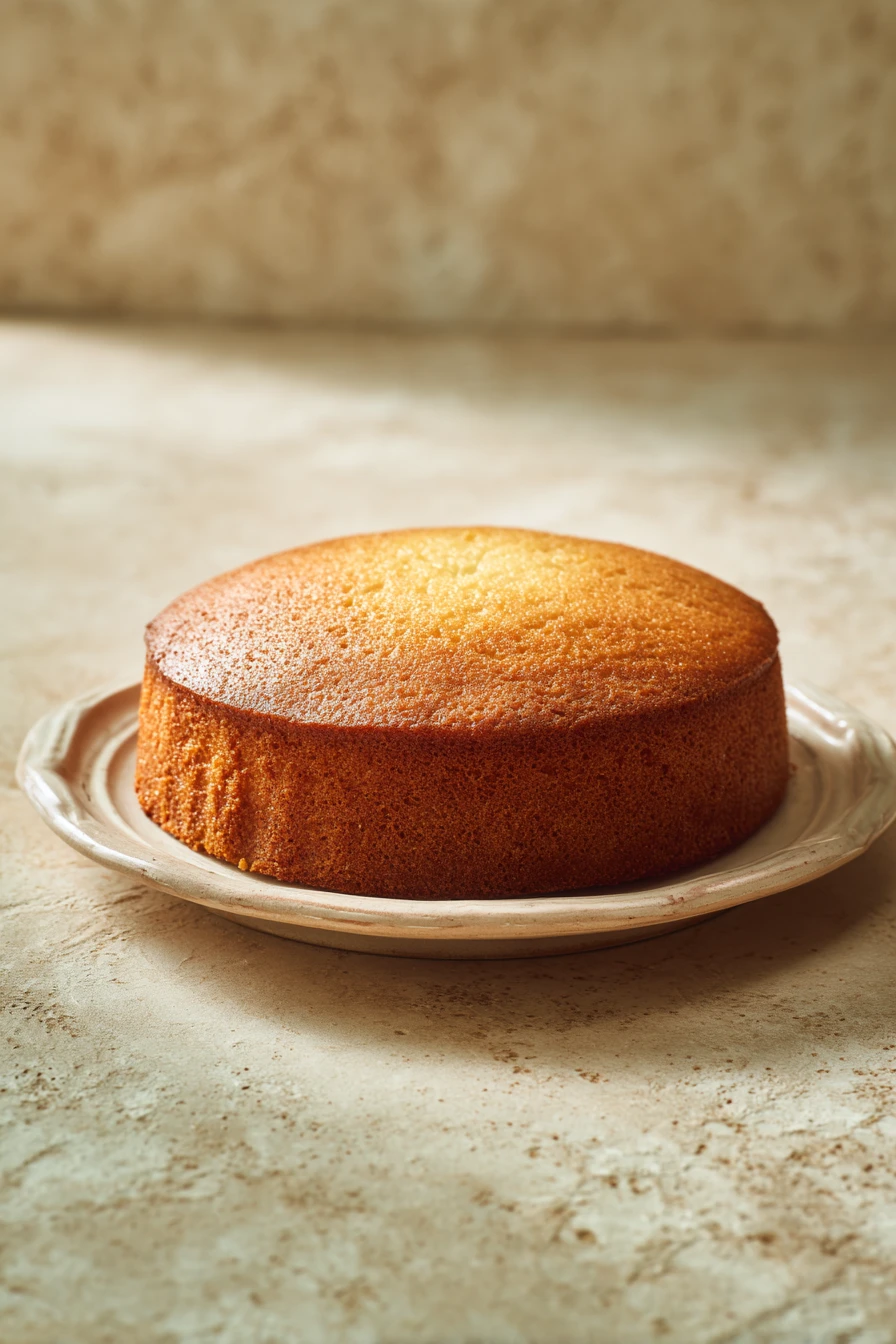 Close-up of a vanilla cake with smooth creamy texture, no eggs visible, on a clean background