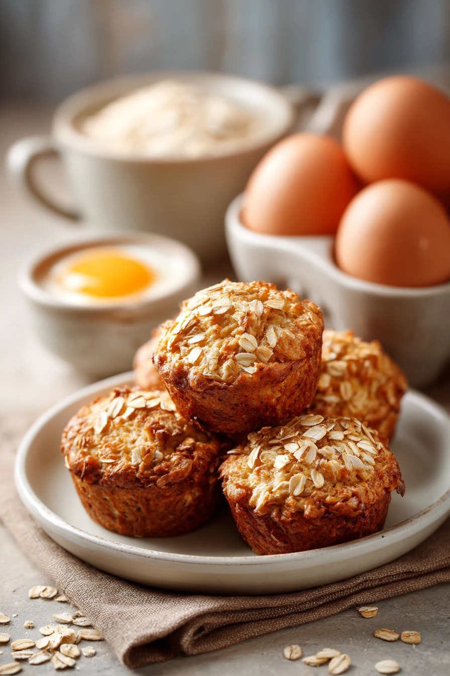 Close-up of yogurt oat muffins with a golden crust on a clean white background.