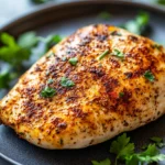 Close-up of air fryer chicken breast with creamy sauce on a plate