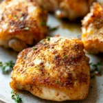 Close-up of air fryer chicken thigh boneless skinless with golden crispy texture