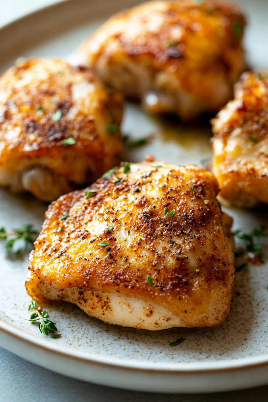 Close-up of air fryer chicken thigh boneless skinless with golden crispy texture