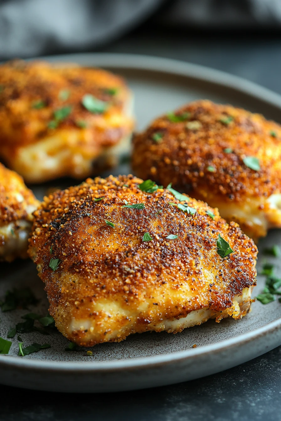 Close-up of crispy breaded air fryer chicken thighs on a white plate
