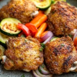 Close-up of a delicious air fryer chicken thigh meal with crispy skin and herbs.