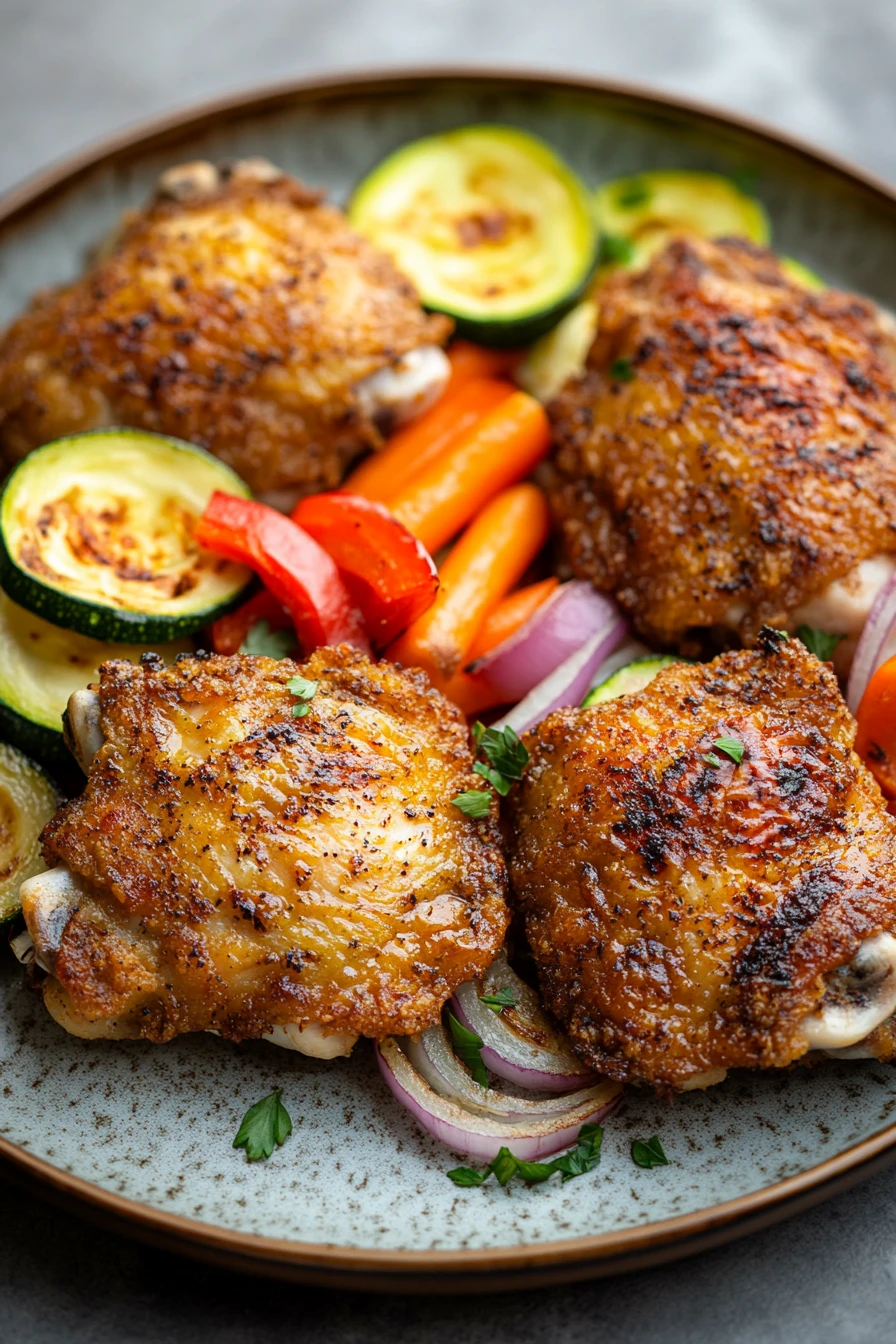 Close-up of a delicious air fryer chicken thigh meal with crispy skin and herbs.