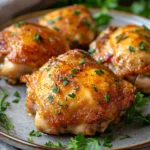 Close-up of air fryer chicken thighs with yogurt marinade on a plate