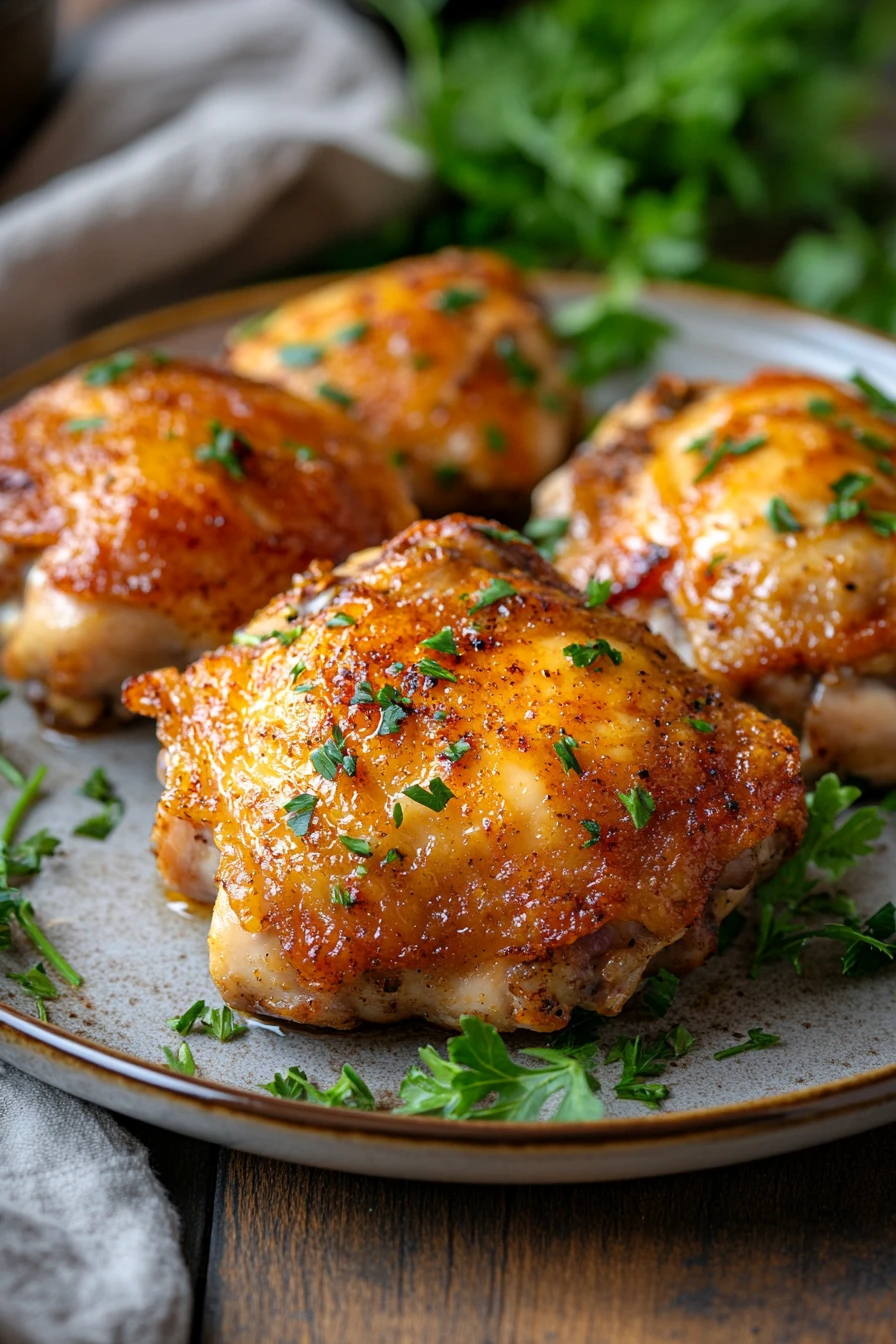 Close-up of air fryer chicken thighs with yogurt marinade on a plate