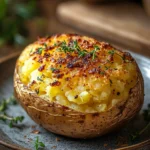 Close-up of a golden baked potato cooked in an air fryer, showcasing crispy skin and fluffy interior.