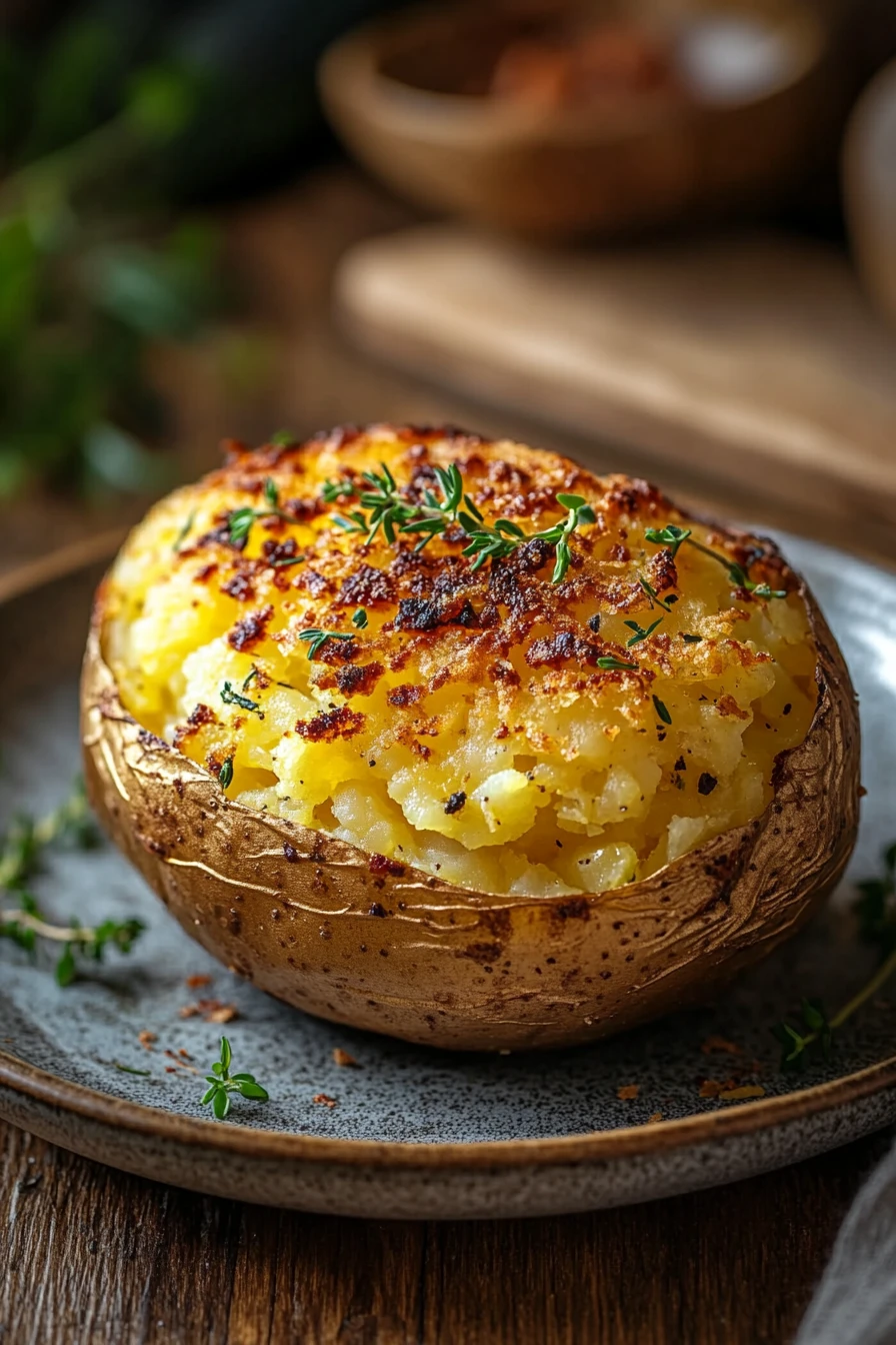 Close-up of a golden baked potato cooked in an air fryer, showcasing crispy skin and fluffy interior.