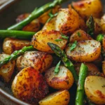 Close-up of air fryer potato and asparagus with bright lighting and clean background.