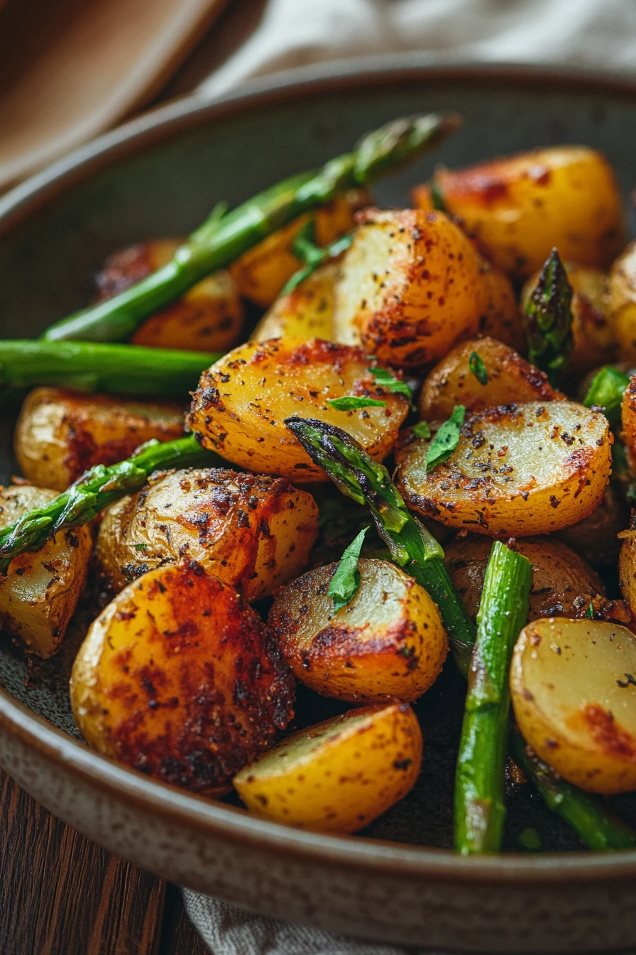 Close-up of air fryer potato and asparagus with bright lighting and clean background.