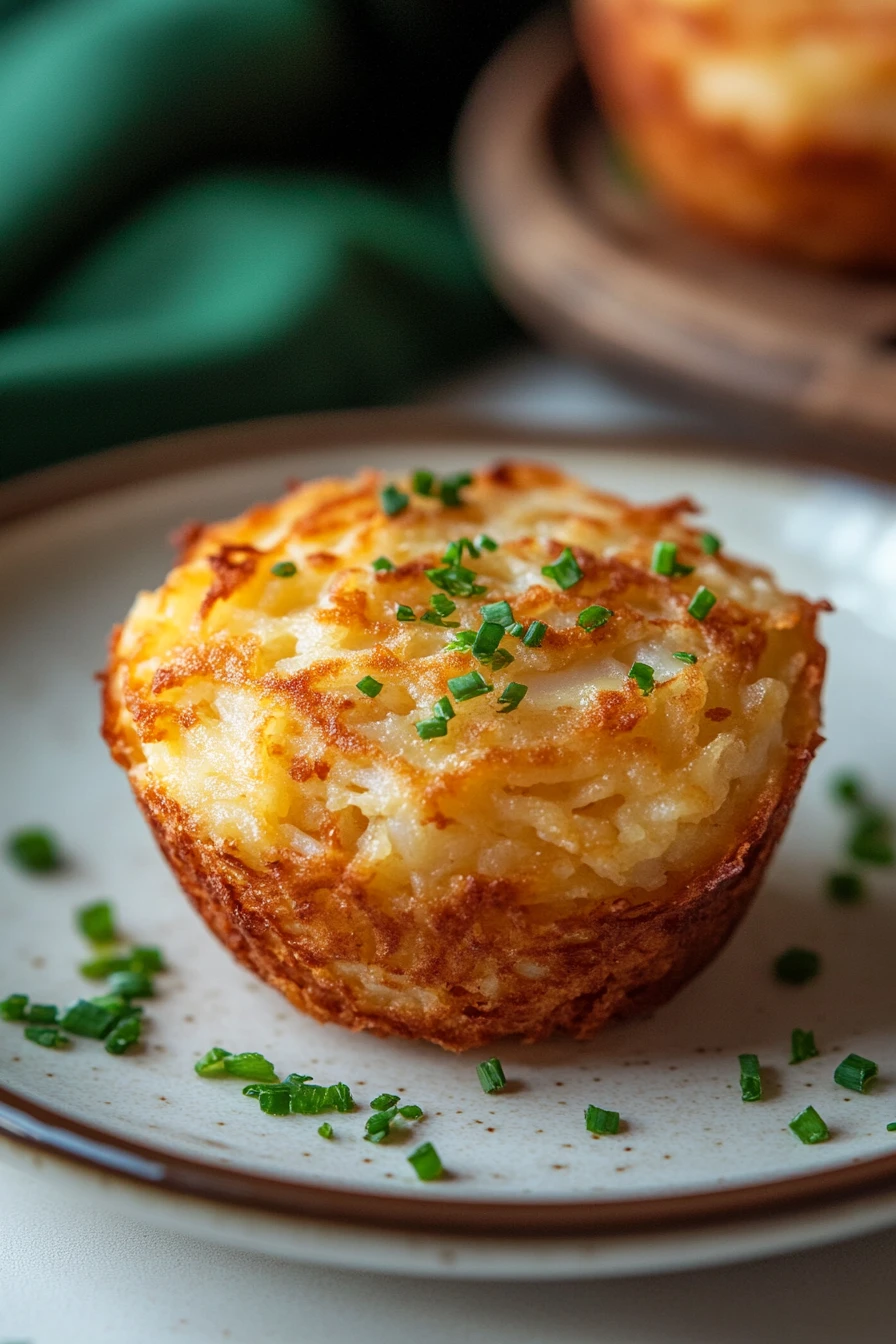 Close-up of air fryer potato latke muffins with crispy edges and a clean background