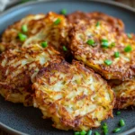 Close-up of crispy golden-brown air fryer potato latkes on a clean white plate.