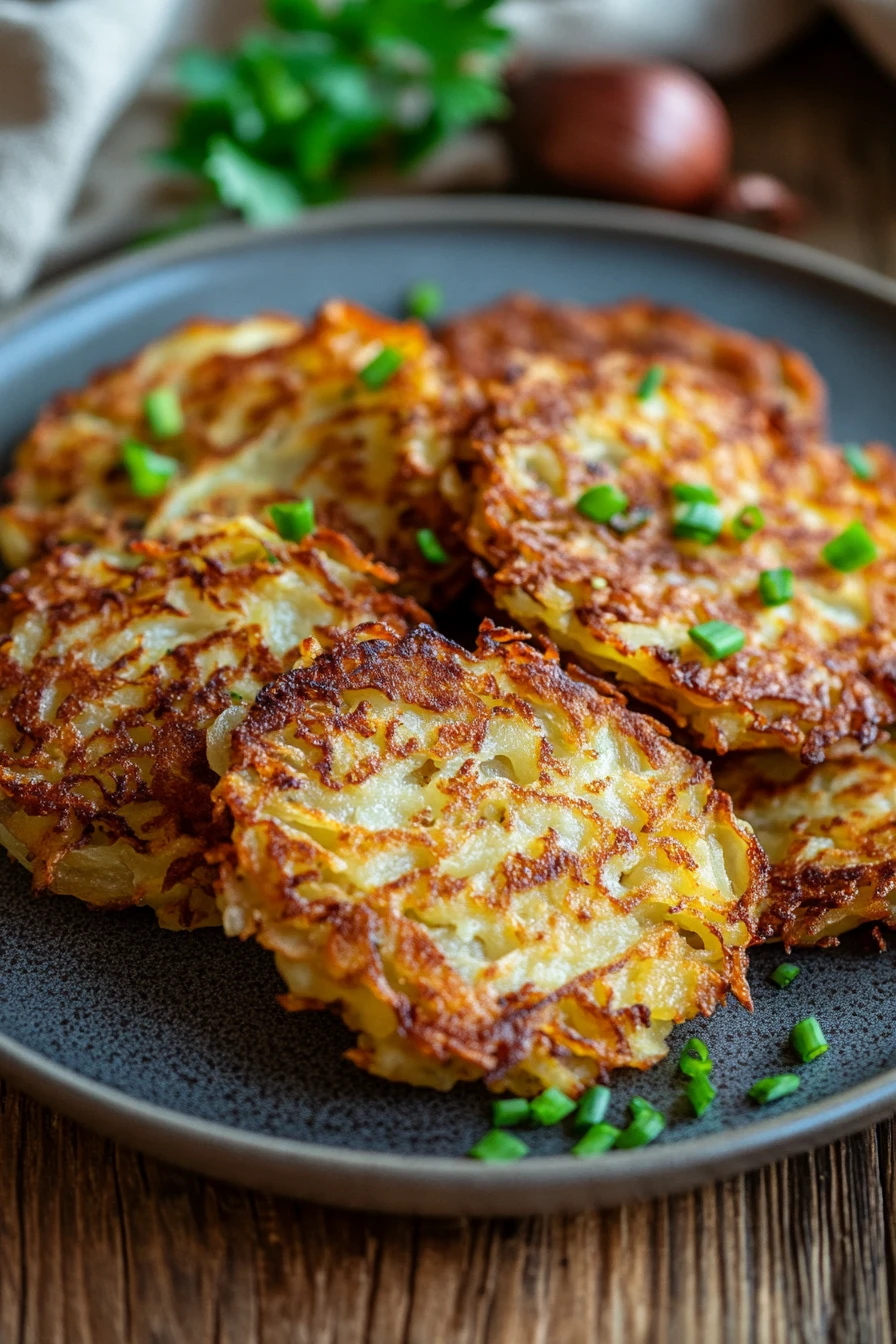 Close-up of crispy golden-brown air fryer potato latkes on a clean white plate.