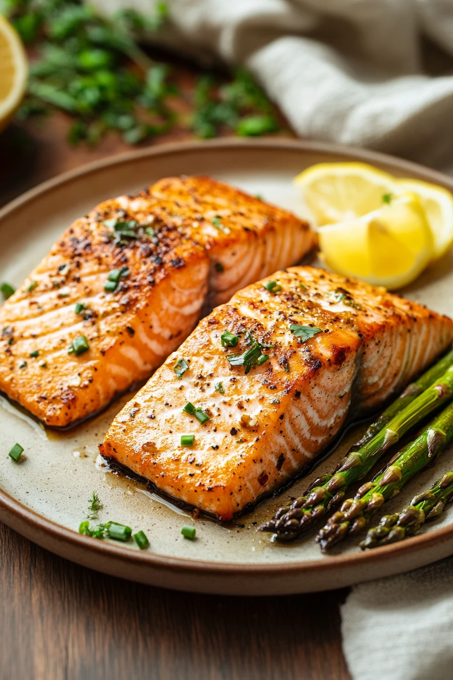 Close-up of air fryer salmon and asparagus with bright lighting and clean background
