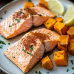Close-up of air fryer salmon and sweet potatoes with bright, natural lighting.