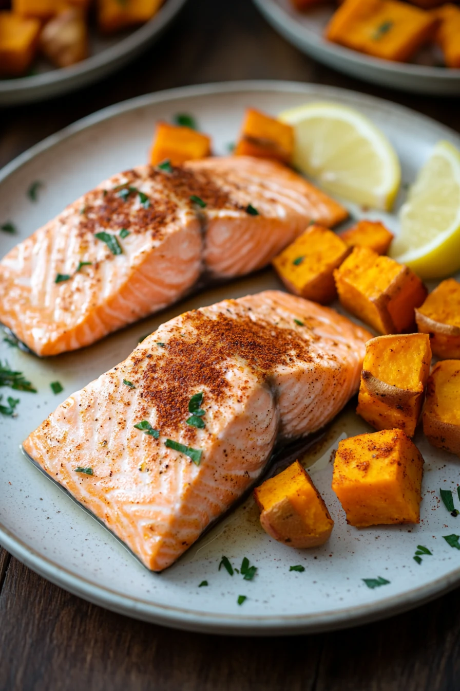 Close-up of air fryer salmon and sweet potatoes with bright, natural lighting.
