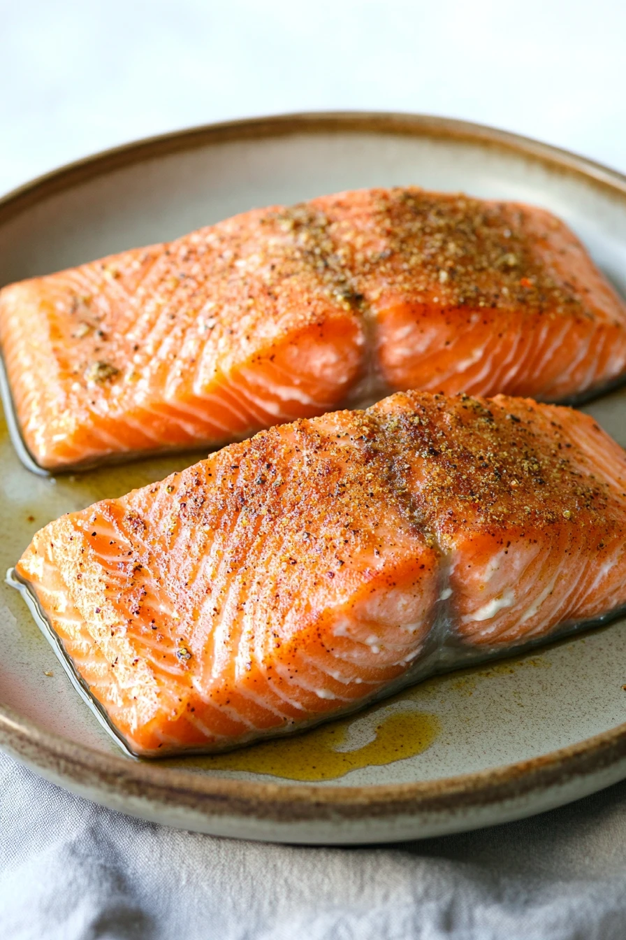 Close-up of air fryer salmon with a drizzle of olive oil on a clean plate