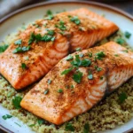 Close-up of air fryer salmon with quinoa on a white plate, garnished with herbs.